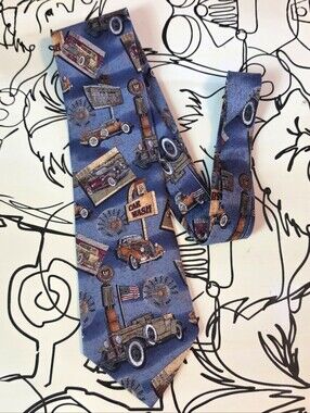 Tango Max Raab Americana For Dillards Vintage Cars 1930 Silk Tie Blue 57"
